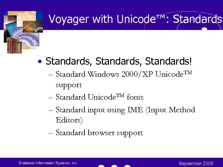 Voyager with Unicode™: Standards • Standards, Standards! – Standard Windows 2000/XP Unicode. TM support