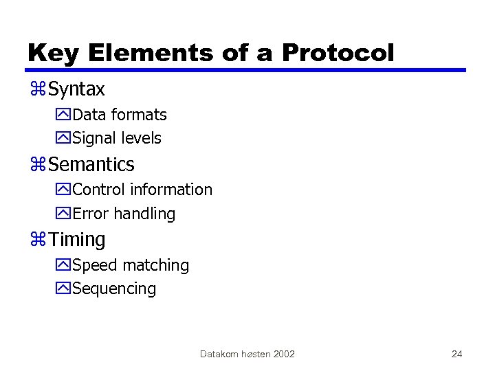 Key Elements of a Protocol z Syntax y. Data formats y. Signal levels z