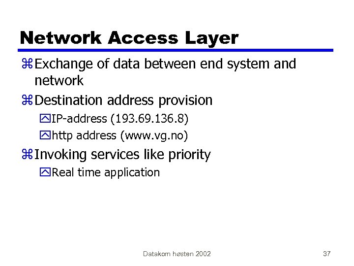 Network Access Layer z Exchange of data between end system and network z Destination