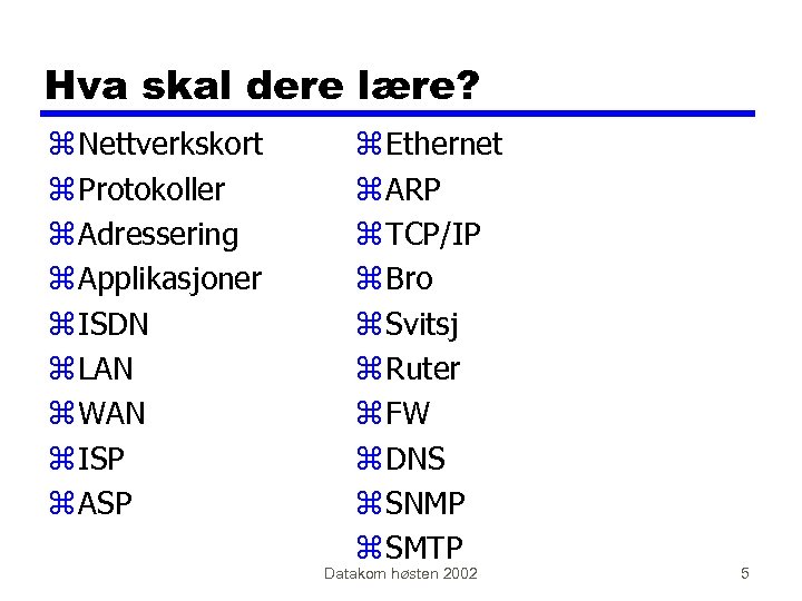 Hva skal dere lære? z Nettverkskort z Protokoller z Adressering z Applikasjoner z ISDN