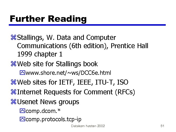 Further Reading z Stallings, W. Data and Computer Communications (6 th edition), Prentice Hall