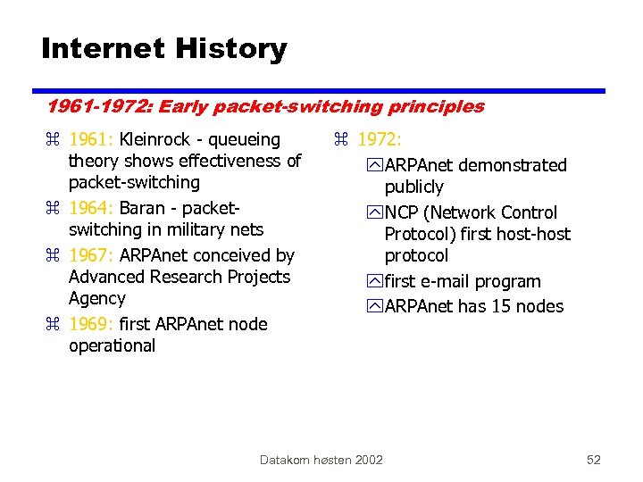 Internet History 1961 -1972: Early packet-switching principles z 1961: Kleinrock - queueing theory shows
