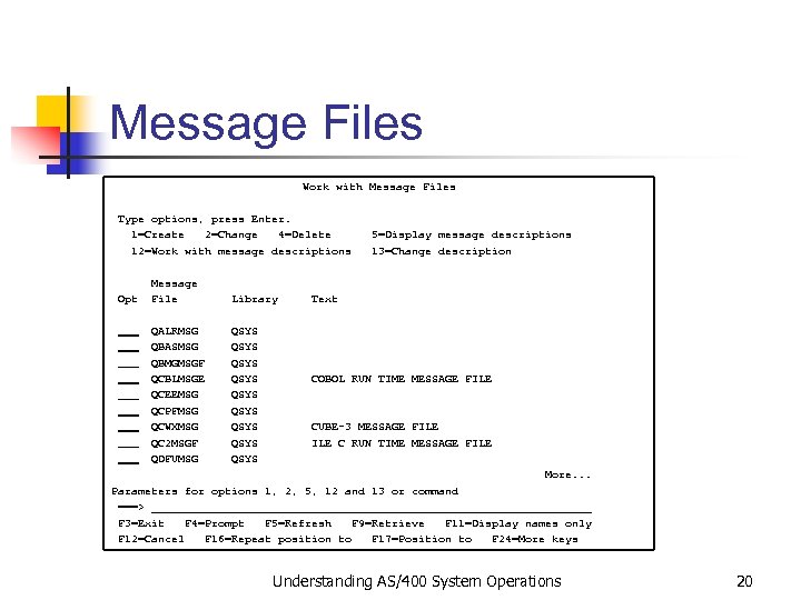 Message Files Work with Message Files Type options, press Enter. 1=Create 2=Change 4=Delete 5=Display