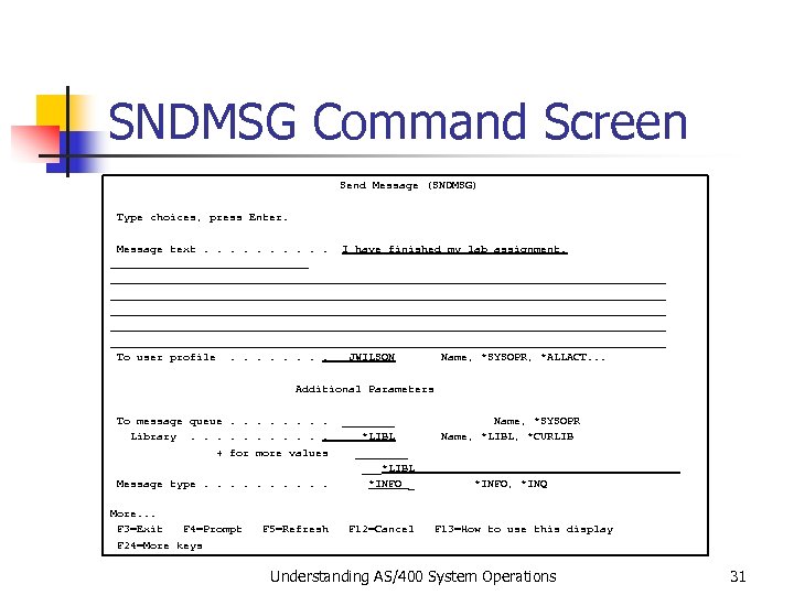 SNDMSG Command Screen Send Message (SNDMSG) Type choices, press Enter. Message text. . I