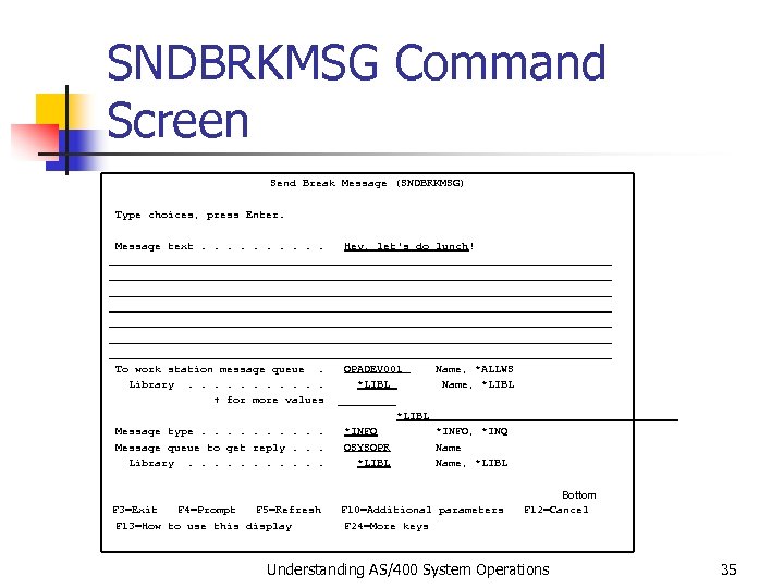 SNDBRKMSG Command Screen Send Break Message (SNDBRKMSG) Type choices, press Enter. Message text. .