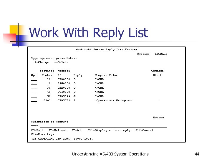 Work With Reply List Work with System Reply List Entries System: BIGBLUE Type options,