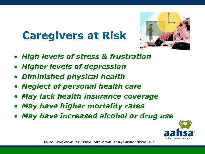 Caregivers at Risk • • High levels of stress & frustration Higher levels of
