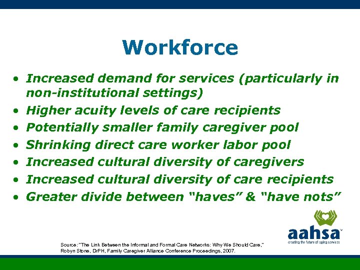 Workforce • Increased demand for services (particularly in non-institutional settings) • Higher acuity levels