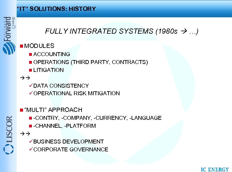 “IT” SOLUTIONS: HISTORY FULLY INTEGRATED SYSTEMS (1980 s …) n MODULES n ACCOUNTING n