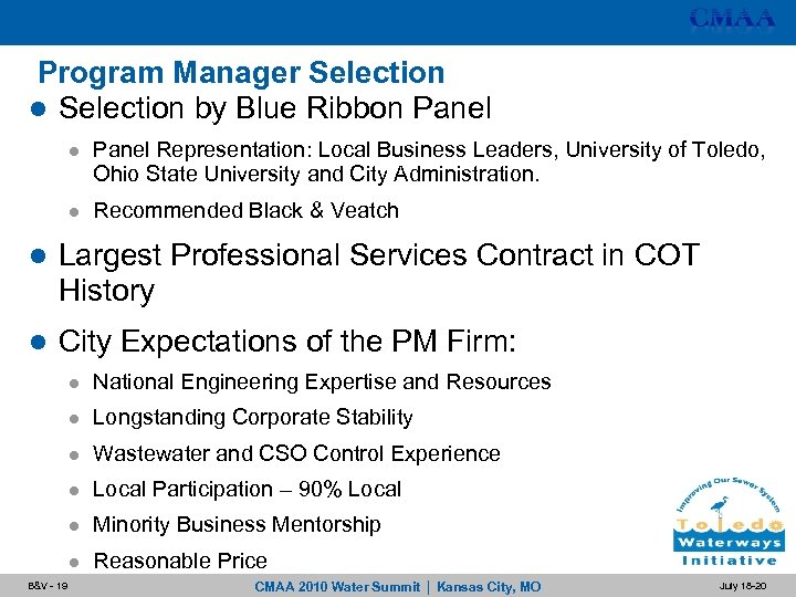 Program Manager Selection l Selection by Blue Ribbon Panel l Panel Representation: Local Business