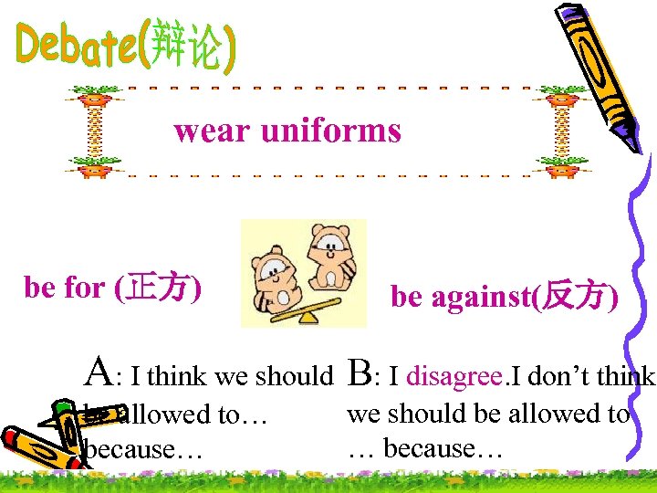 wear uniforms be for (正方) be against(反方) A: I think we should B: I