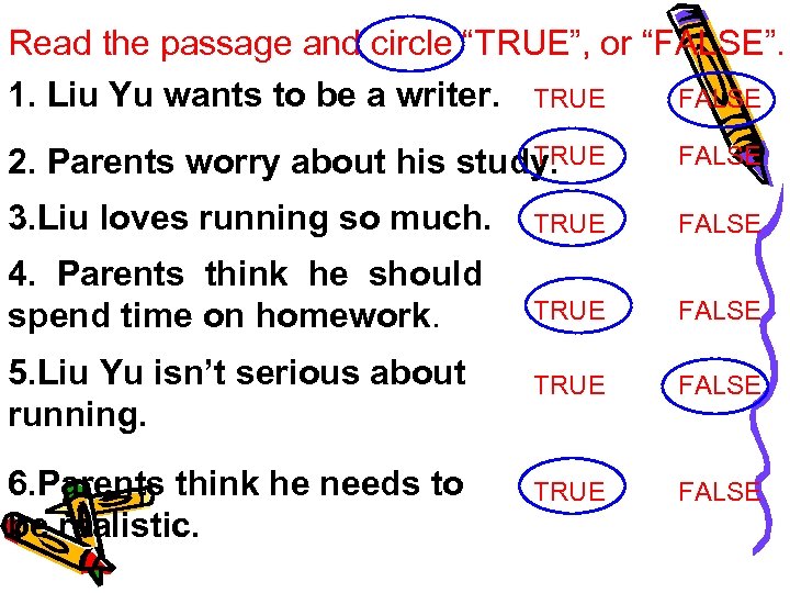 Read the passage and circle “TRUE”, or “FALSE”. 1. Liu Yu wants to be