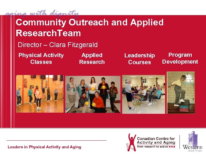 Community Outreach and Applied Research. Team Director – Clara Fitzgerald Physical Activity Classes Applied