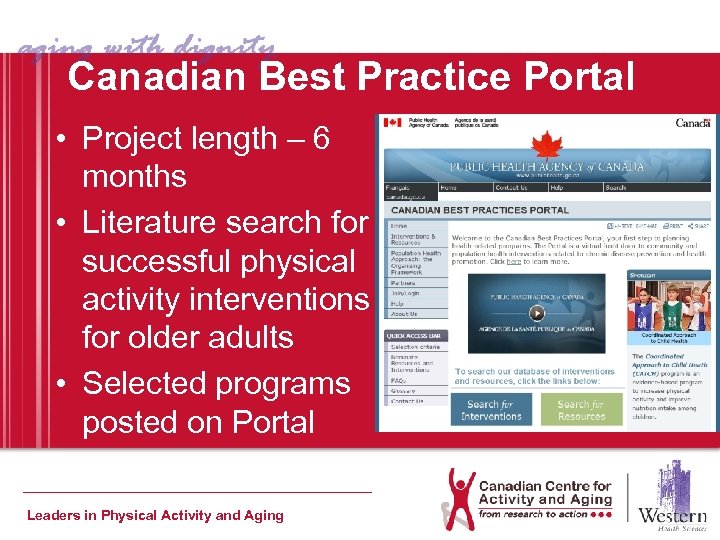 Canadian Best Practice Portal • Project length – 6 months • Literature search for