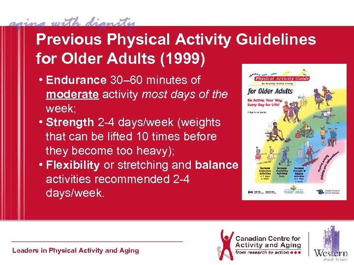 Previous Physical Activity Guidelines for Older Adults (1999) • Endurance 30– 60 minutes of