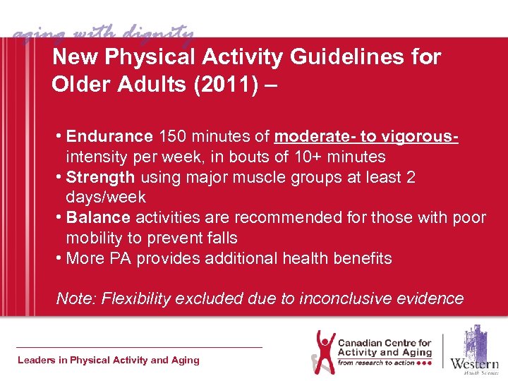 New Physical Activity Guidelines for Older Adults (2011) – • Endurance 150 minutes of