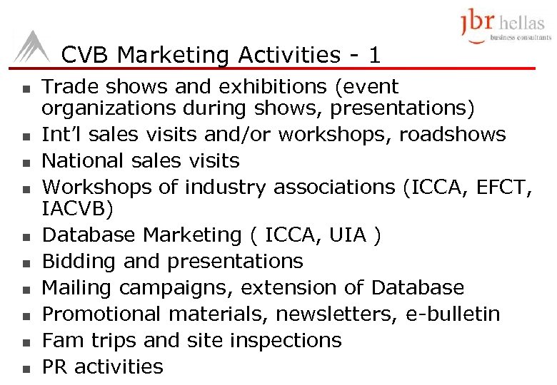 CVB Marketing Activities - 1 n n n n n Trade shows and exhibitions