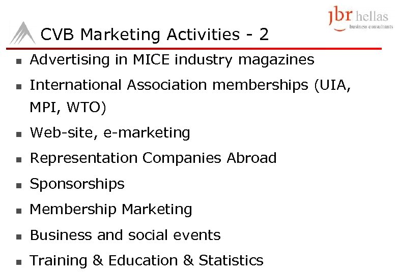 CVB Marketing Activities - 2 n Advertising in MICE industry magazines n International Association