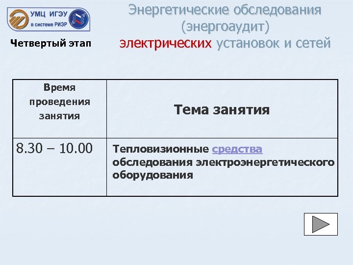 Четвертый этап Время проведения занятия 8. 30 – 10. 00 Энергетические обследования (энергоаудит) электрических