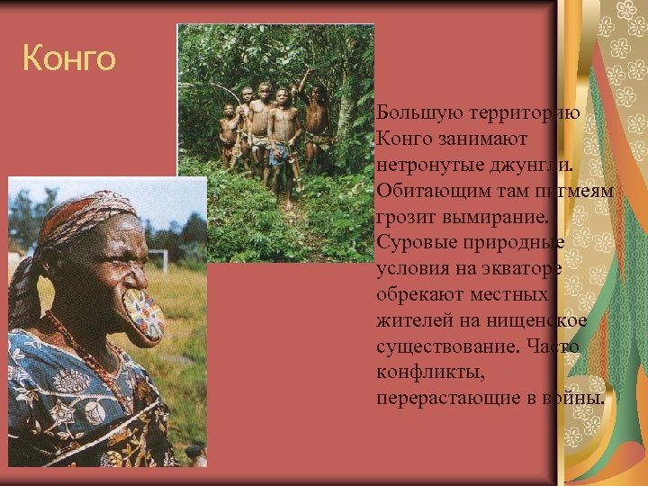 Конго Большую территорию Конго занимают нетронутые джунгли. Обитающим там пигмеям грозит вымирание. Суровые природные