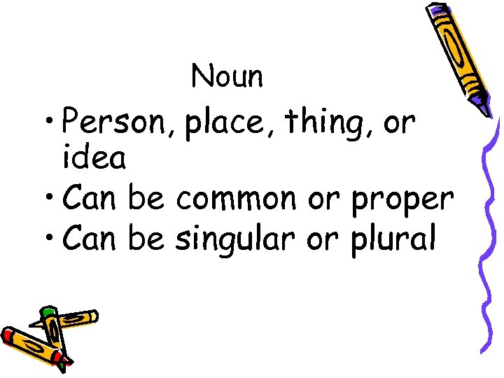Noun • Person, place, thing, or idea • Can be common or proper •