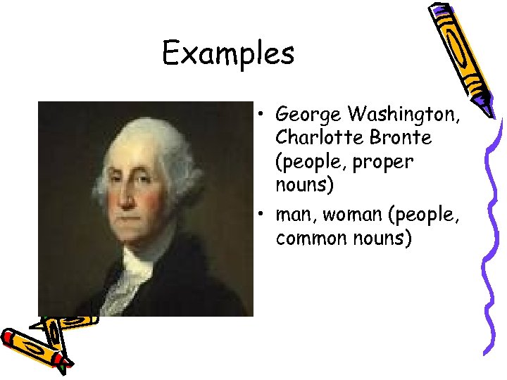 Examples • George Washington, Charlotte Bronte (people, proper nouns) • man, woman (people, common