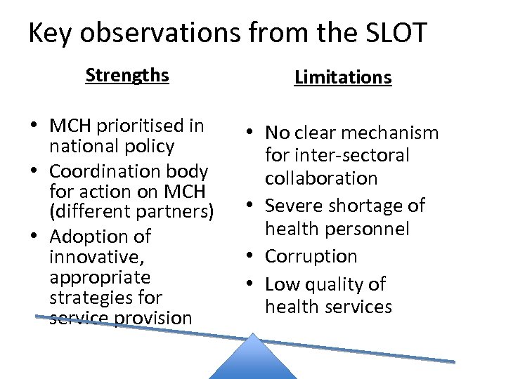 Key observations from the SLOT Strengths Limitations • MCH prioritised in national policy •