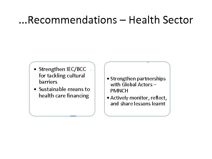 . . . Recommendations – Health Sector • Strengthen IEC/BCC for tackling cultural barriers