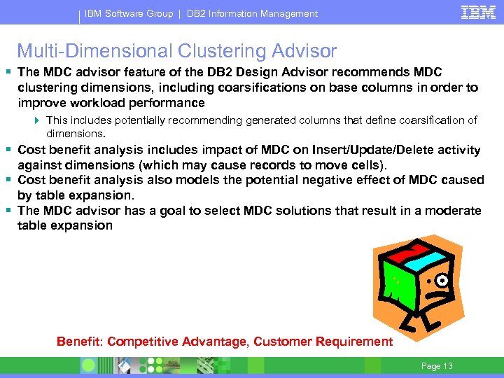 IBM Software Group | DB 2 Information Management Multi-Dimensional Clustering Advisor § The MDC