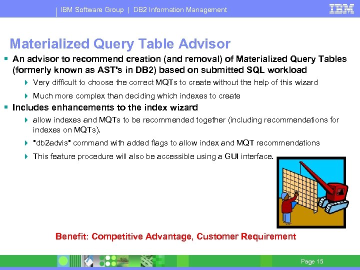 IBM Software Group | DB 2 Information Management Materialized Query Table Advisor § An