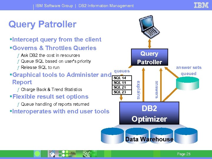 IBM Software Group | DB 2 Information Management Query Patroller §Intercept query from the
