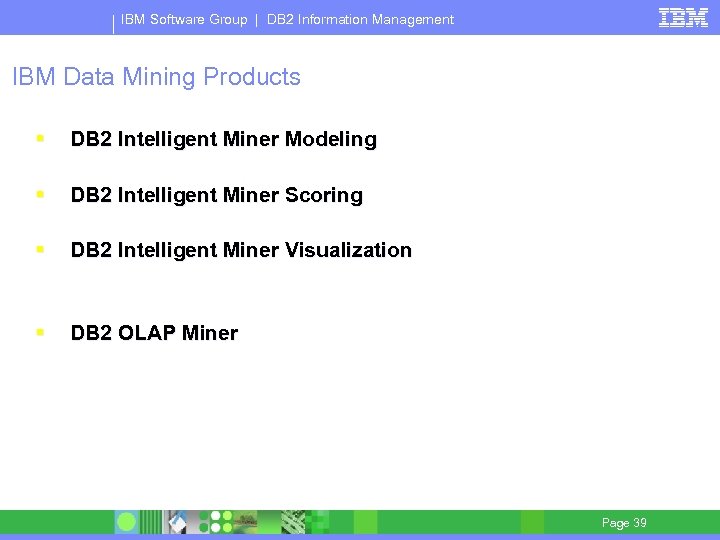 IBM Software Group | DB 2 Information Management IBM Data Mining Products § DB