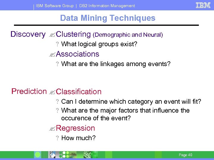 IBM Software Group | DB 2 Information Management Data Mining Techniques Discovery ? Clustering