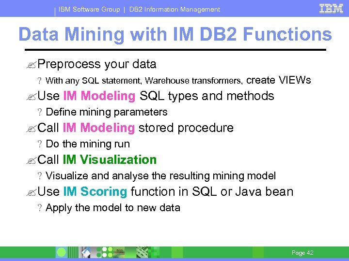 IBM Software Group | DB 2 Information Management Data Mining with IM DB 2