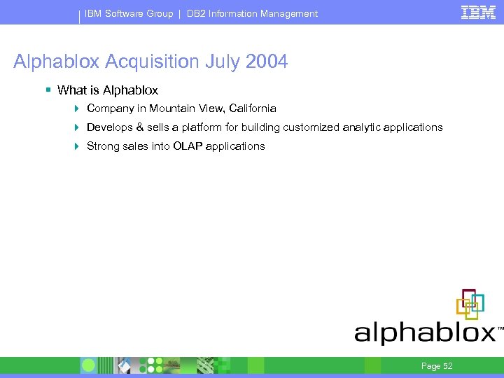 IBM Software Group | DB 2 Information Management Alphablox Acquisition July 2004 § What