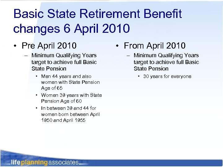 Basic State Retirement Benefit changes 6 April 2010 • Pre April 2010 – Minimum