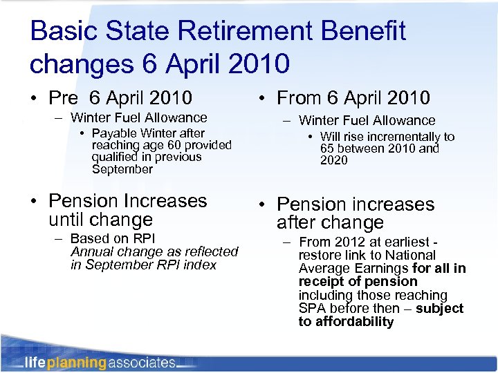 Basic State Retirement Benefit changes 6 April 2010 • Pre 6 April 2010 –