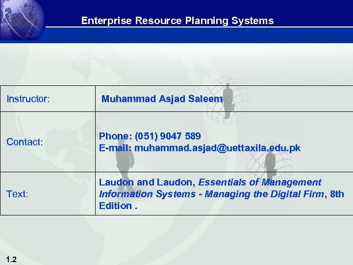 Enterprise Resource Planning Systems Instructor: Muhammad Asjad Saleem Contact: Phone: (051) 9047 589 E-mail: