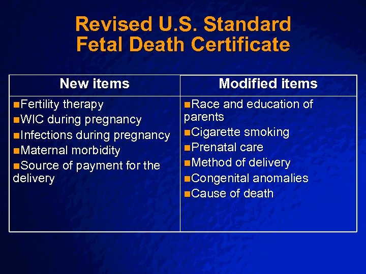 Slide 24 © 2001 By Default! Revised U. S. Standard Fetal Death Certificate New
