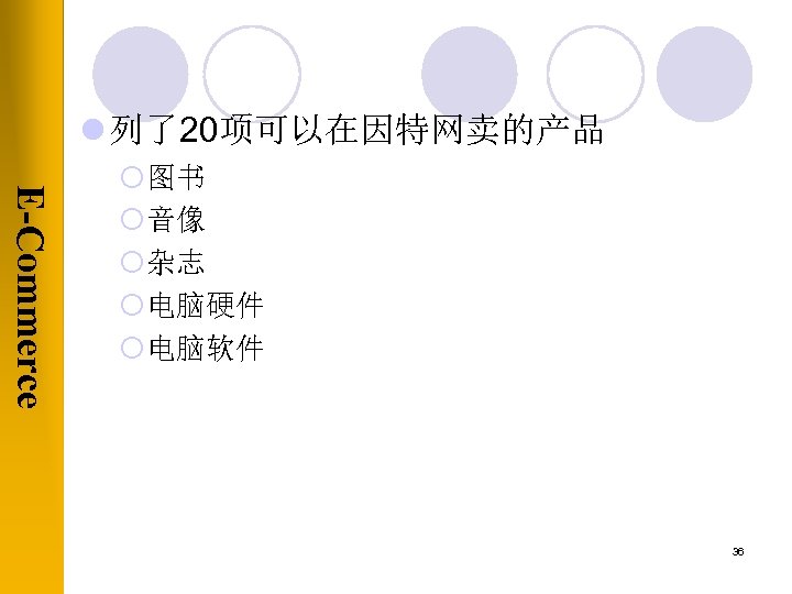 l 列了20项可以在因特网卖的产品 E-Commerce ¡图书 ¡音像 ¡杂志 ¡电脑硬件 ¡电脑软件 36 