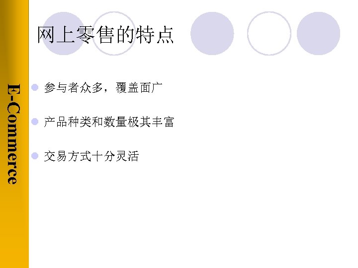 网上零售的特点 E-Commerce l 参与者众多，覆盖面广 l 产品种类和数量极其丰富 l 交易方式十分灵活 