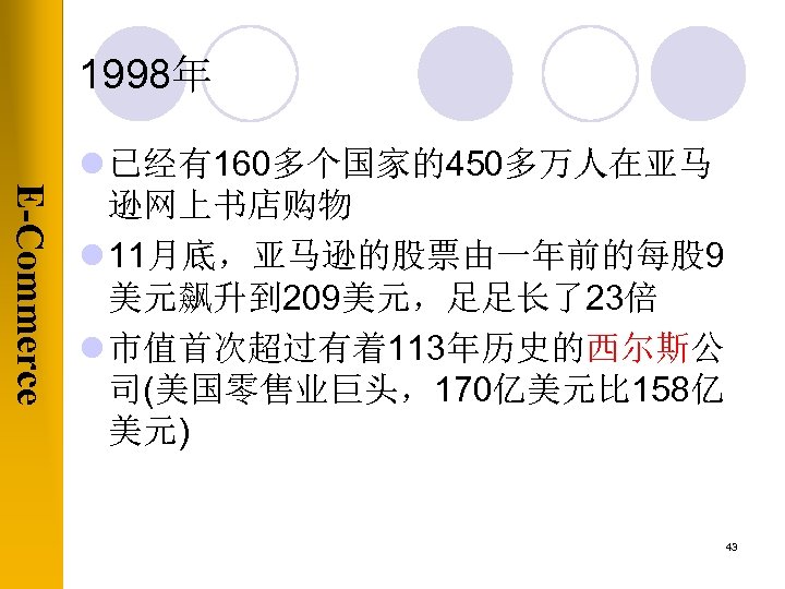 1998年 E-Commerce l 已经有160多个国家的450多万人在亚马 逊网上书店购物 l 11月底，亚马逊的股票由一年前的每股 9 美元飙升到 209美元，足足长了23倍 l 市值首次超过有着113年历史的西尔斯公 司(美国零售业巨头，170亿美元比 158亿