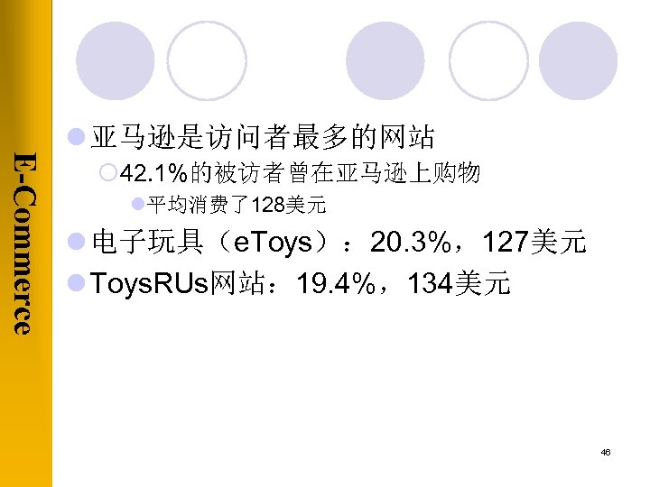 E-Commerce l 亚马逊是访问者最多的网站 ¡ 42. 1%的被访者曾在亚马逊上购物 l平均消费了128美元 l 电子玩具（e. Toys）： 20. 3%，127美元 l Toys.