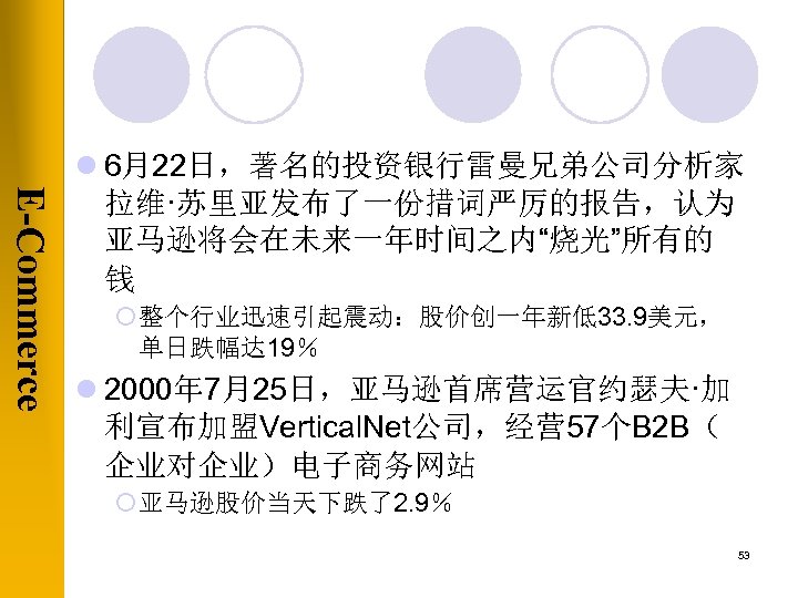  E-Commerce l 6月22日，著名的投资银行雷曼兄弟公司分析家 拉维·苏里亚发布了一份措词严厉的报告，认为 亚马逊将会在未来一年时间之内“烧光”所有的 钱 ¡ 整个行业迅速引起震动：股价创一年新低33. 9美元， 单日跌幅达 19％ l 2000年