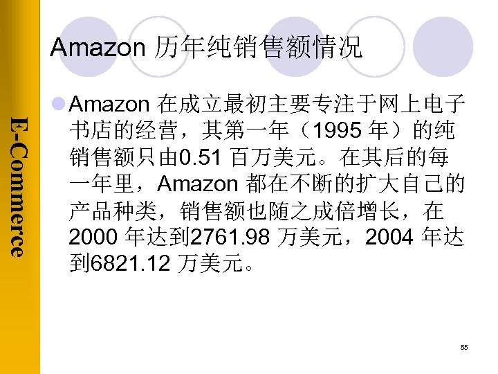 Amazon 历年纯销售额情况 E-Commerce l Amazon 在成立最初主要专注于网上电子 书店的经营，其第一年（1995 年）的纯 销售额只由 0. 51 百万美元。在其后的每 一年里，Amazon 都在不断的扩大自己的