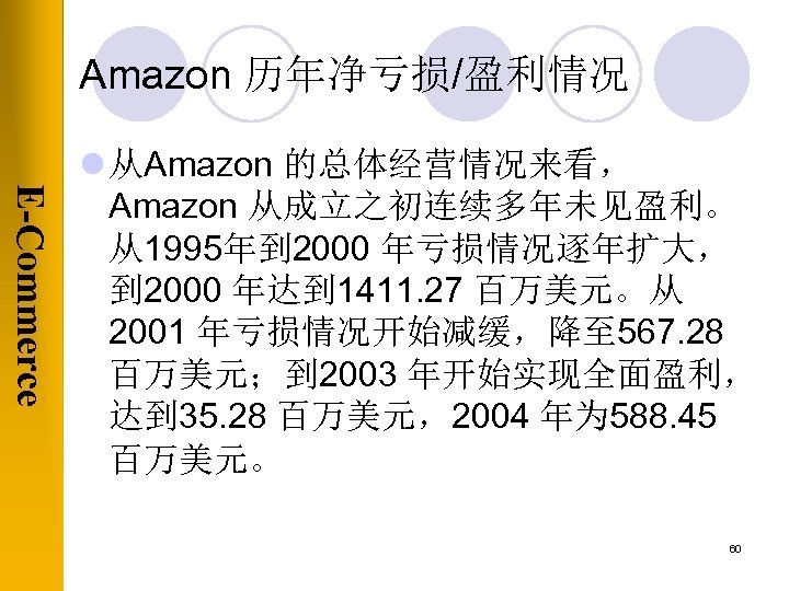 Amazon 历年净亏损/盈利情况 E-Commerce l 从Amazon 的总体经营情况来看， Amazon 从成立之初连续多年未见盈利。 从1995年到 2000 年亏损情况逐年扩大， 到 2000 年达到