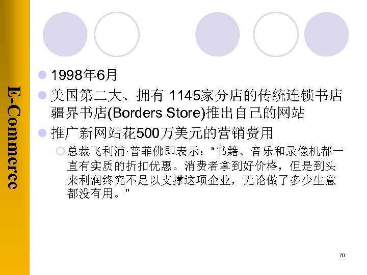 E-Commerce l 1998年 6月 l 美国第二大、拥有 1145家分店的传统连锁书店 疆界书店(Borders Store)推出自己的网站 l 推广新网站花 500万美元的营销费用 ¡ 总裁飞利浦·普菲佛即表示：“书籍、音乐和录像机都一