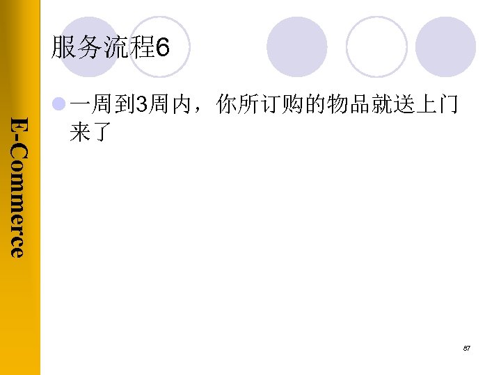 服务流程6 E-Commerce l 一周到 3周内，你所订购的物品就送上门 来了 87 