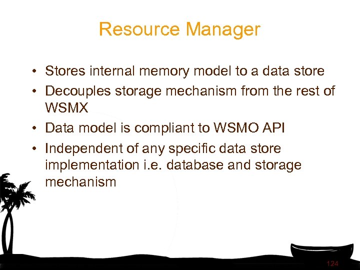 Resource Manager • Stores internal memory model to a data store • Decouples storage