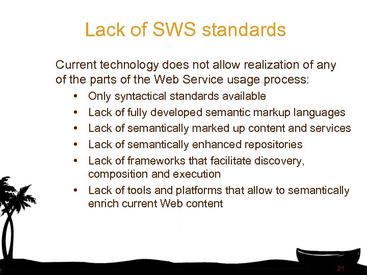 Lack of SWS standards Current technology does not allow realization of any of the